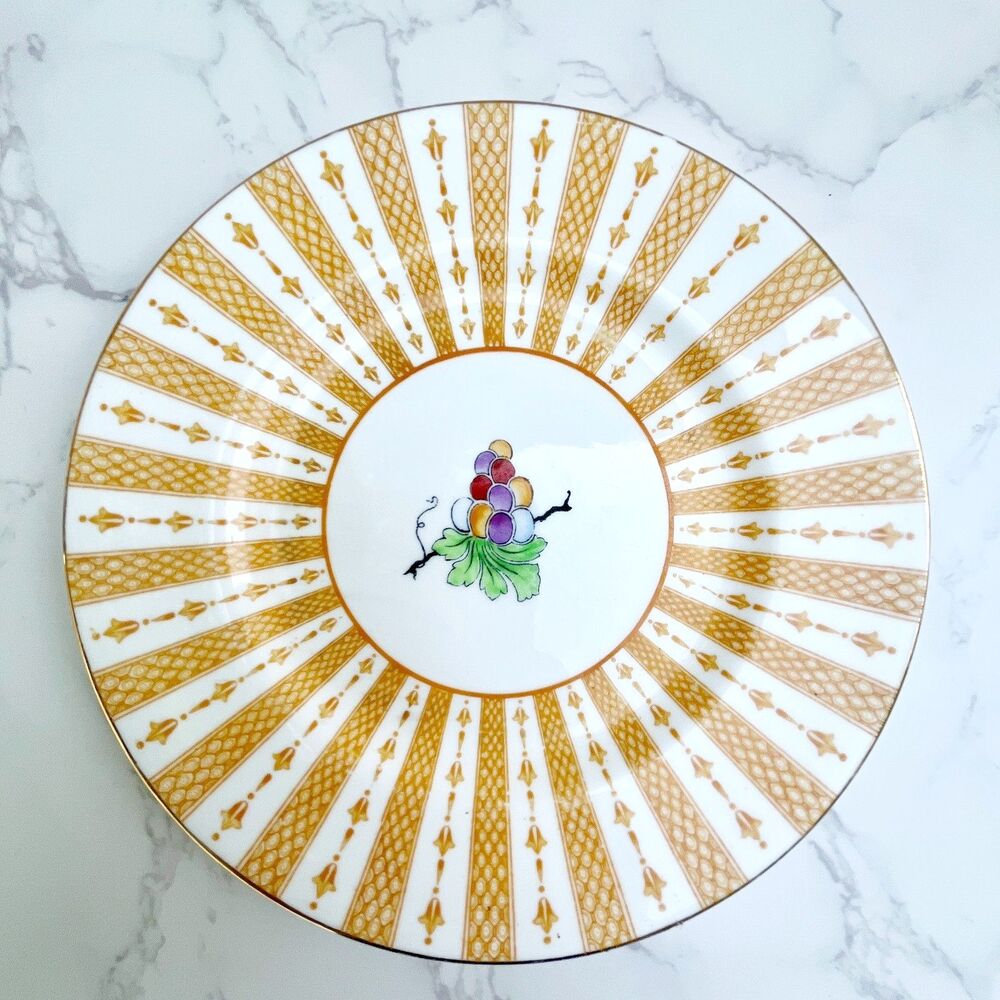 Antique 1915 Crown Staffordshire Dessert Plate, Yellow Gold Sunburst Grapes